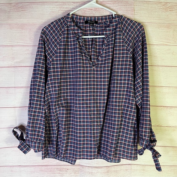 Madewell Whitby Plaid Tie Sleeve Top Size Medium - Picture 1 of 4